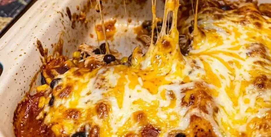 Delicious chicken enchilada casserole topped with cheese and fresh ingredients
