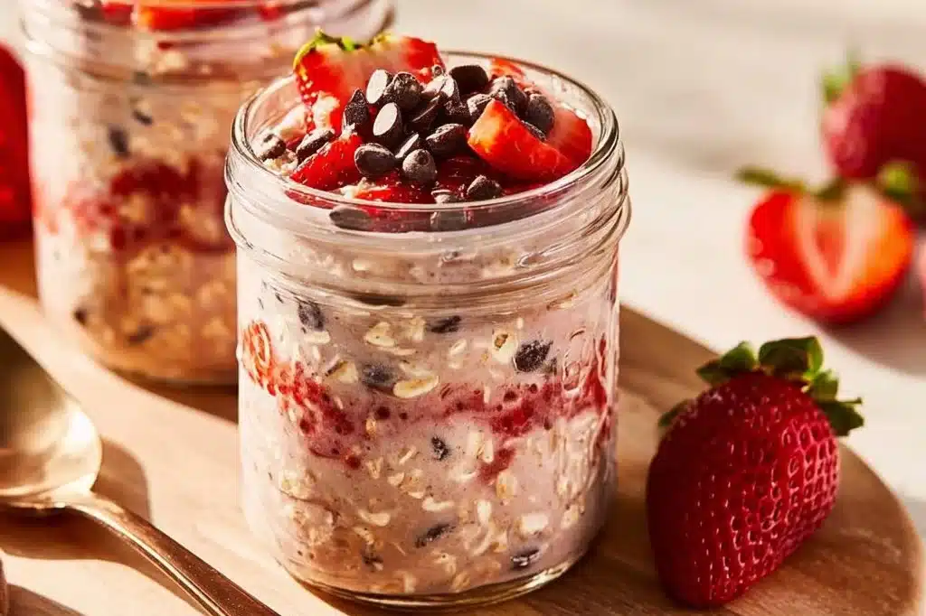 Bowl of chocolate covered strawberry overnight oats topped with fresh strawberries