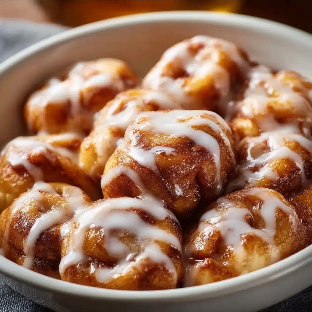 Delicious cinnamon roll bites drizzled with icing on a wooden serving board.