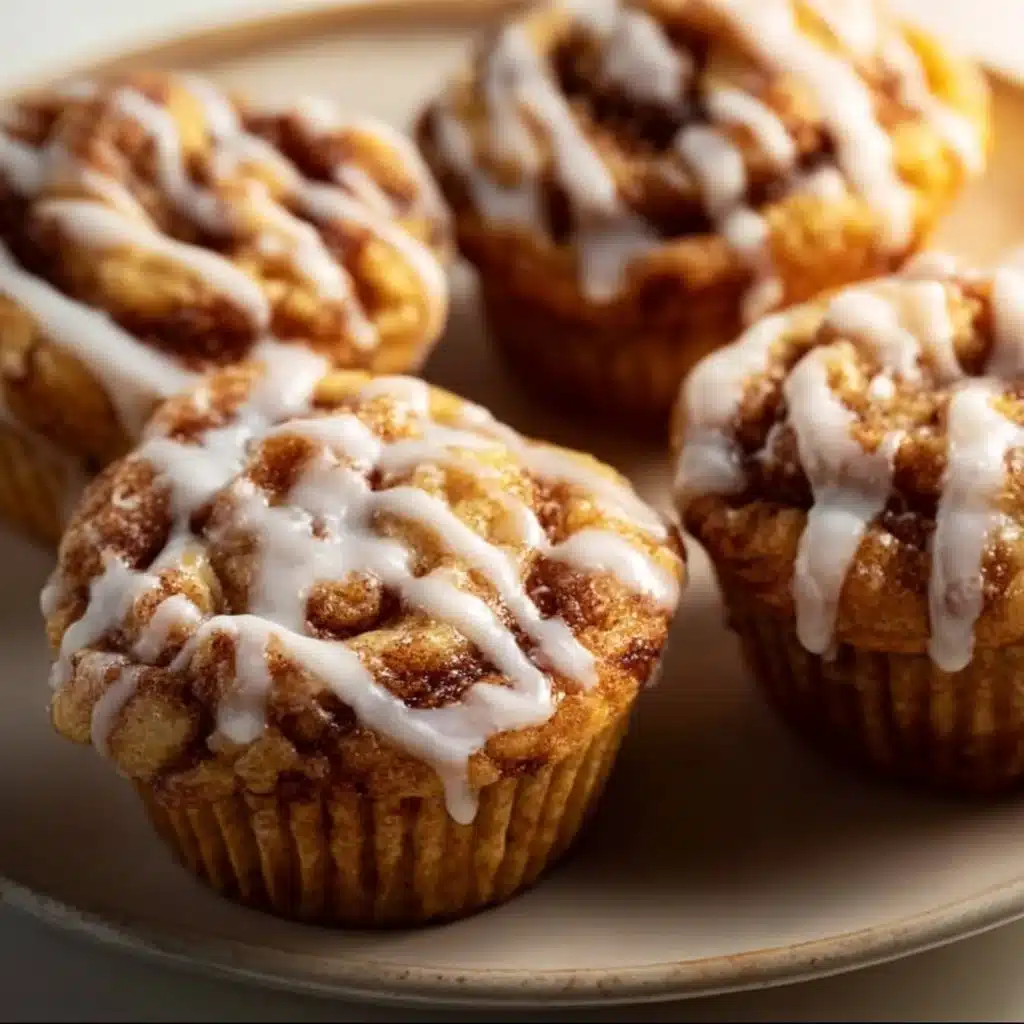 Delicious cinnamon roll muffins with icing on top, perfect for breakfast.