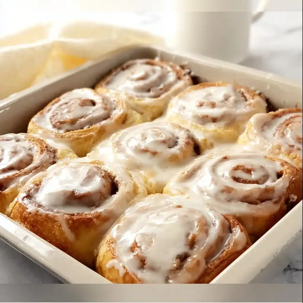 Delicious cinnamon rolls with cream cheese glaze on a serving plate