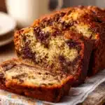 Sliced classic chocolate chip banana bread on a wooden cutting board