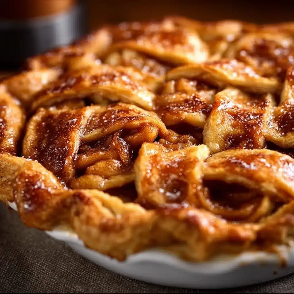 Classic Cinnamon Roll Apple Pie topped with cinnamon glaze and apples