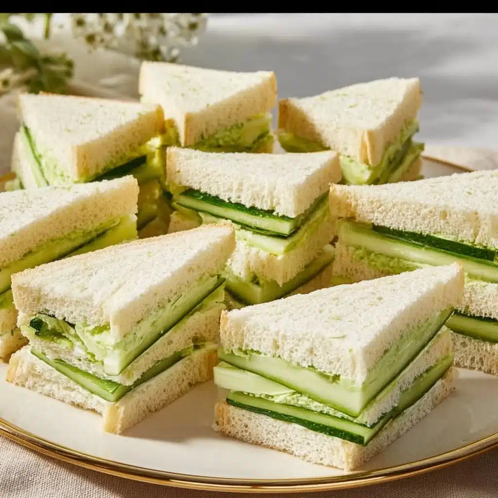 A plate of classic cucumber sandwiches garnished with herbs