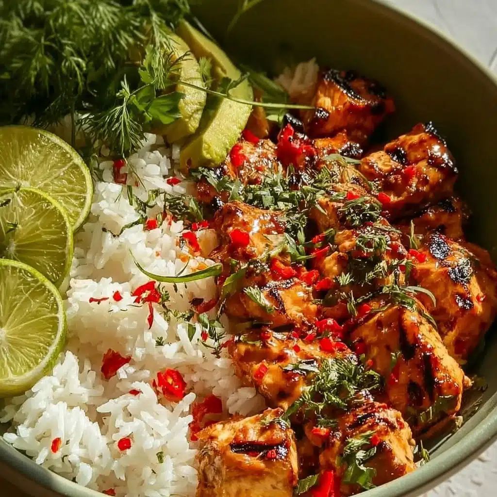 Coconut Chicken Rice Bowl with chicken, coconut rice, and colorful vegetables