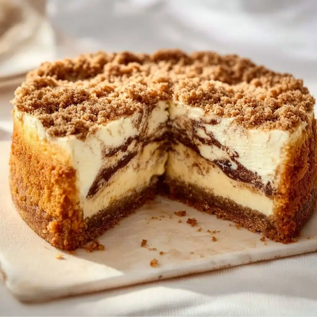 Slice of coffee cake cheesecake topped with crumbly streusel and coffee beans