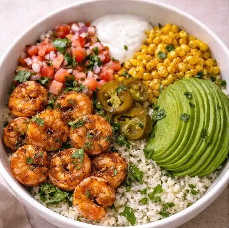 Colorful Rice Bowl with Seasoned Shrimp