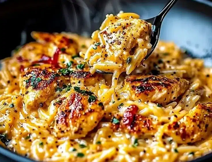 Creamy Cajun Chicken Alfredo Orzo served in a bowl