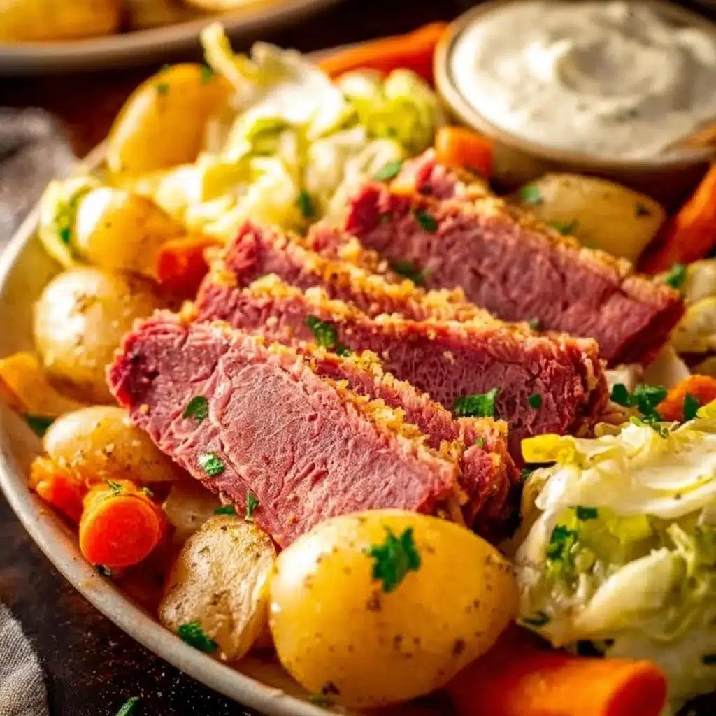A plate of corned beef and cabbage served with vegetables