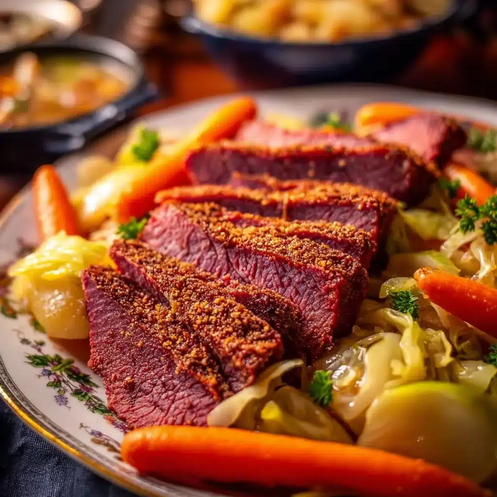 Plate of corned beef and cabbage served with carrots and potatoes