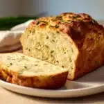 Freshly baked cottage cheese bread loaf on a wooden table.