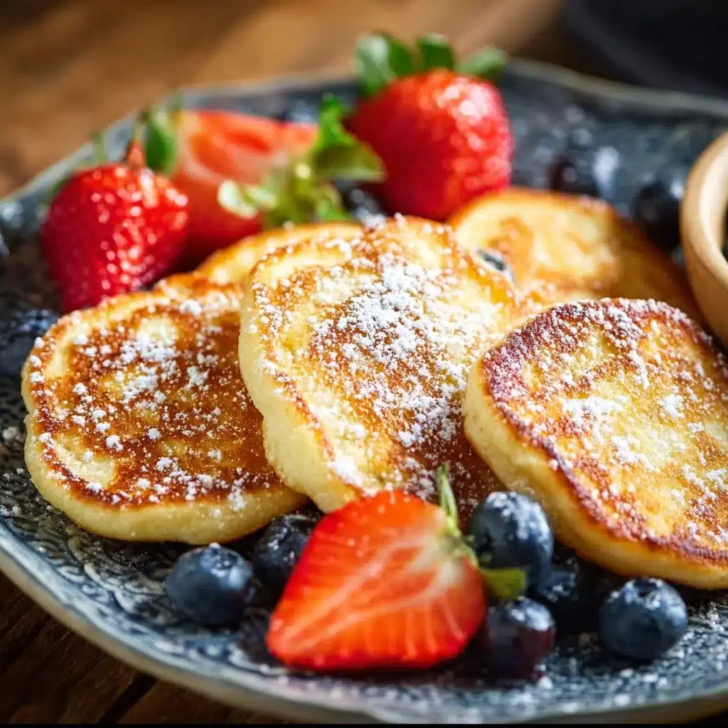 Fluffy cottage cheese pancakes served with fresh fruit and syrup.