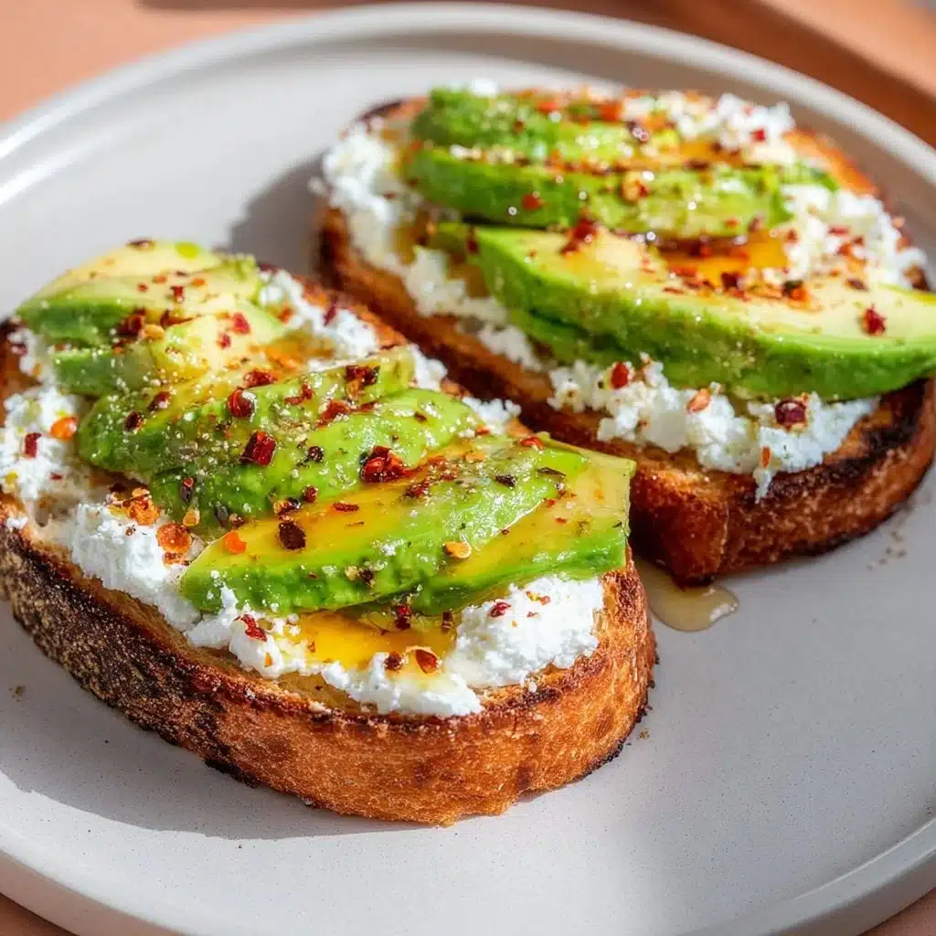 Cottage cheese toast with avocado slices and drizzle of hot honey on a plate