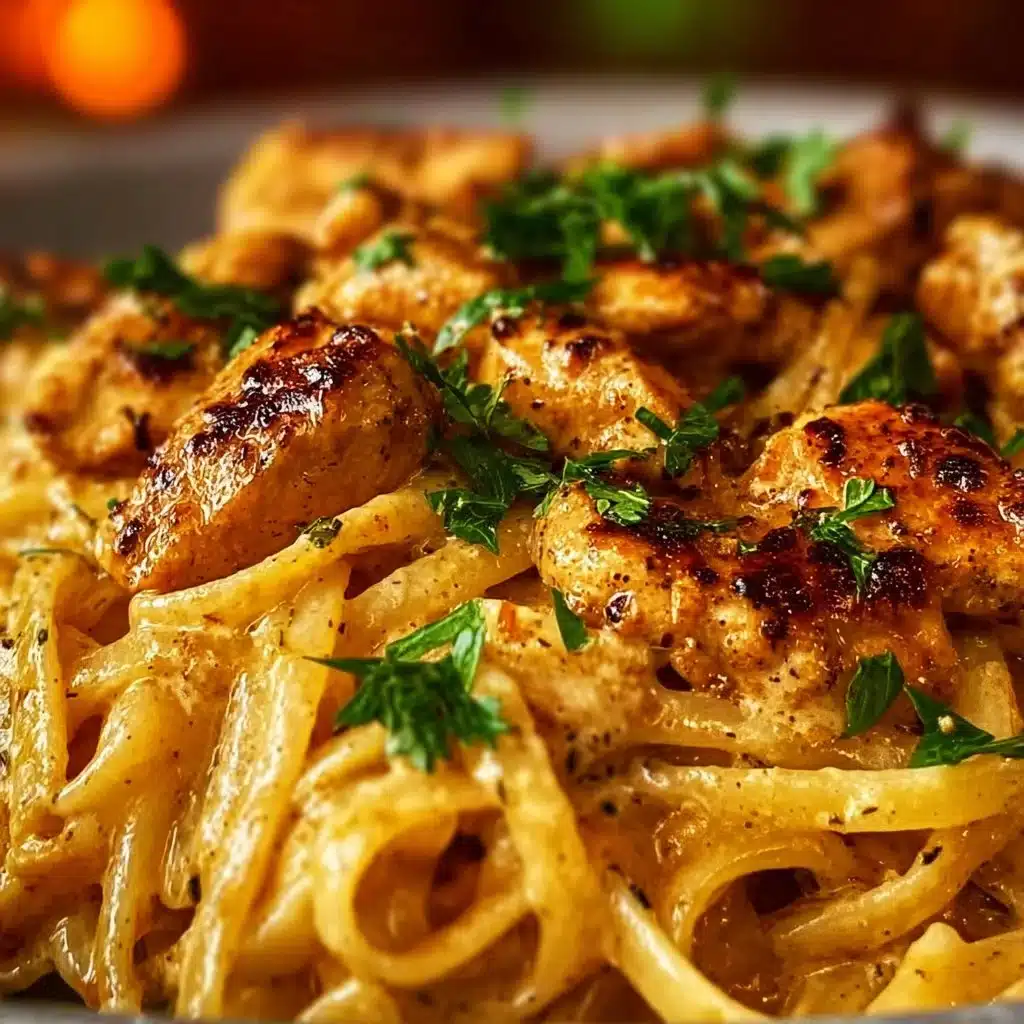 Plate of Cowboy Butter Chicken Linguine garnished with herbs and spices.