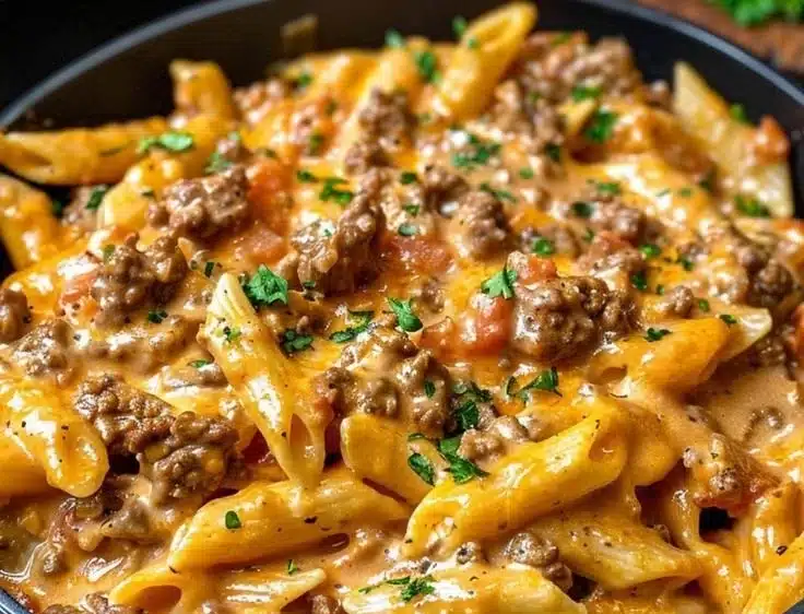 Creamy beef pasta dish with rich sauce and herbs
