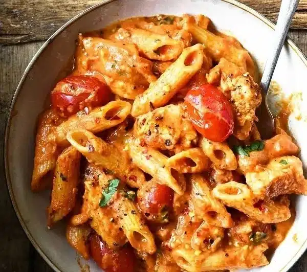 Creamy chicken in angry sauce served in a bowl, garnished with herbs.