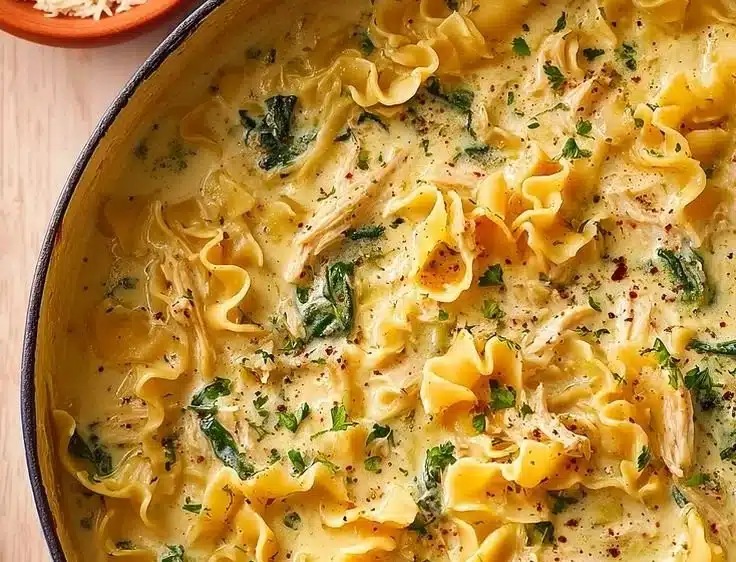 Creamy Chicken Lasagna Soup in a bowl with cheese and herbs on top.