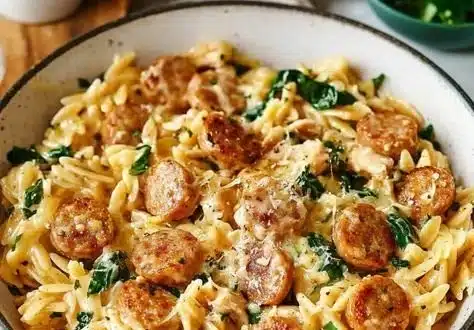 Creamy chicken sausage orzo served in a bowl with fresh herbs.