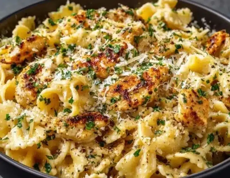 Creamy garlic parmesan pasta topped with chicken and garnished with herbs