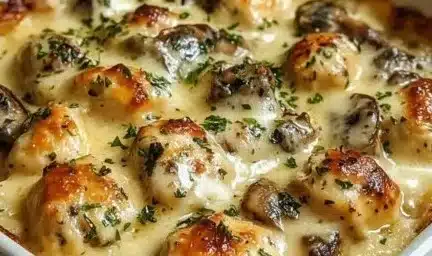 Creamy Keto Garlic Mushroom Chicken casserole topped with herbs