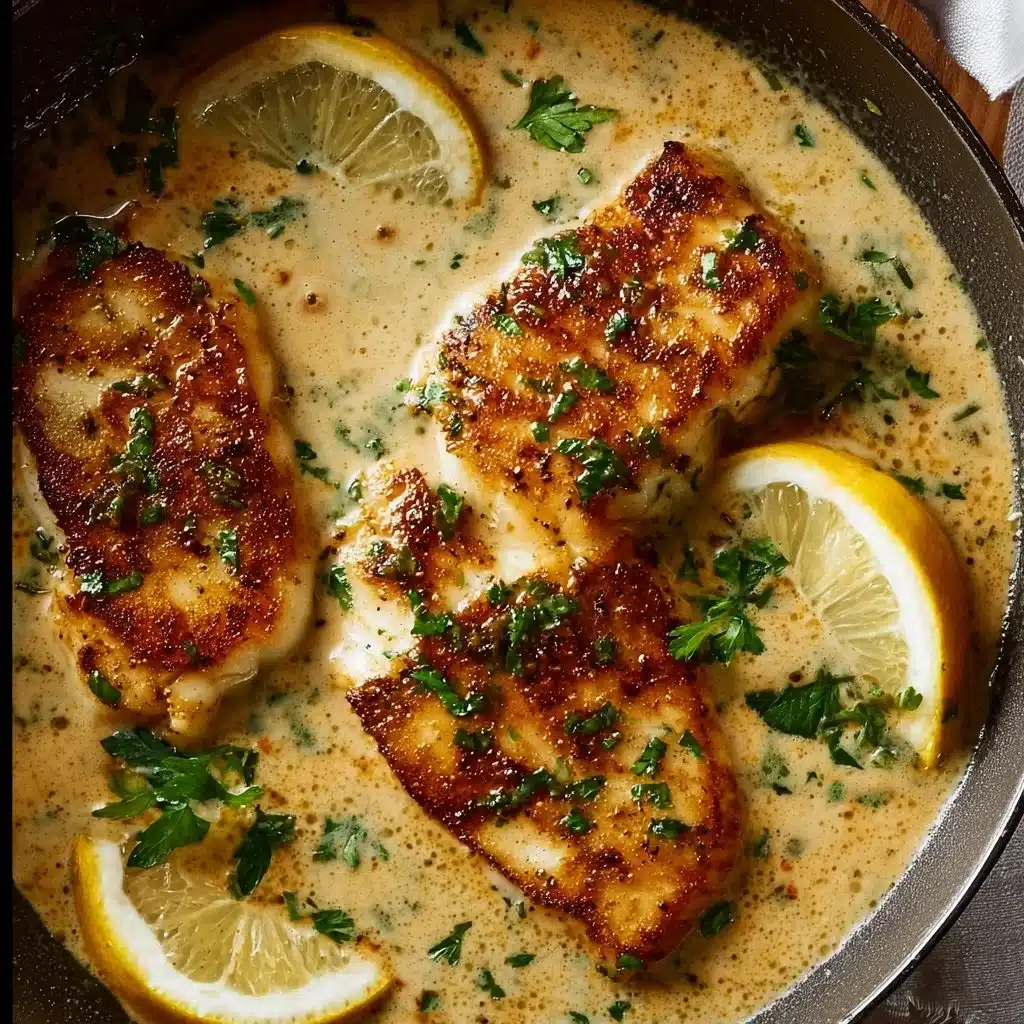 Creamy Parmesan Lemon Chicken dish with lemon slices and herbs