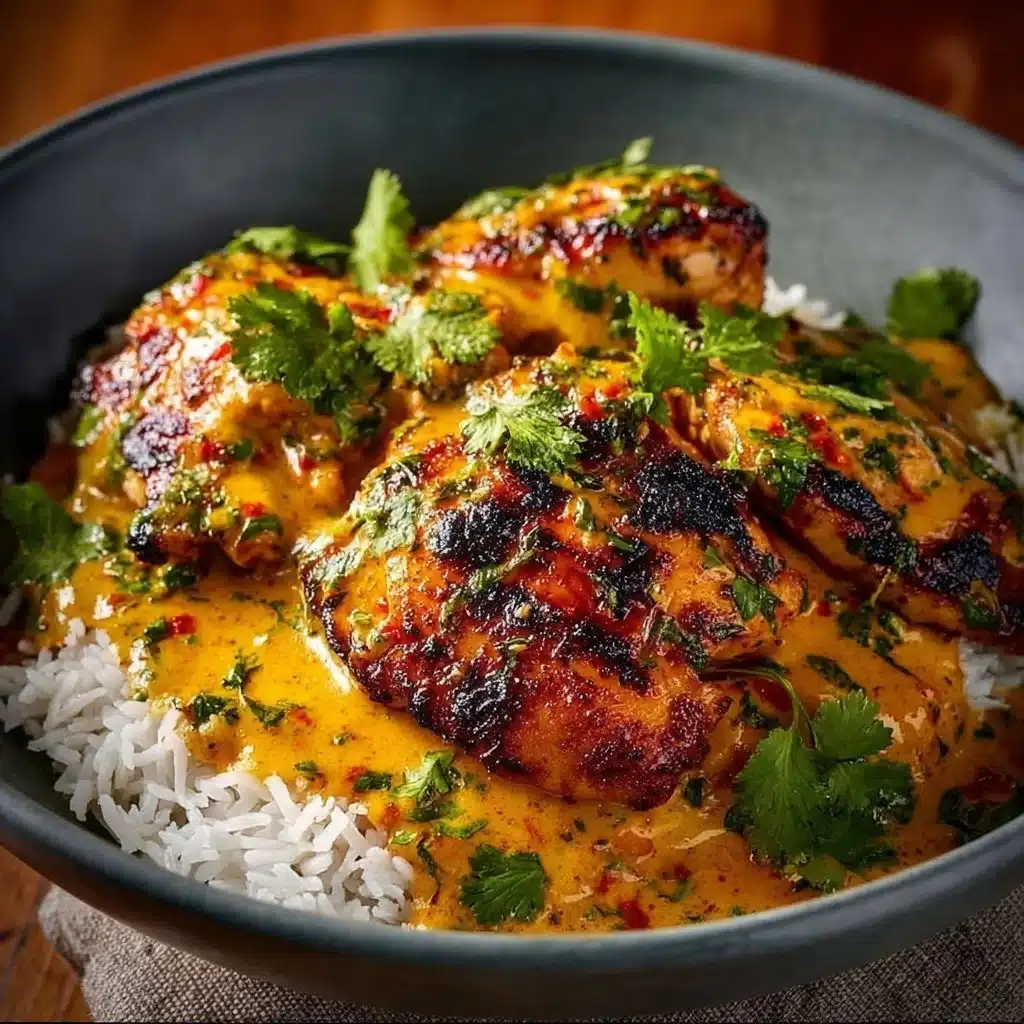 Creamy peri-peri chicken served with rice, garnished with herbs