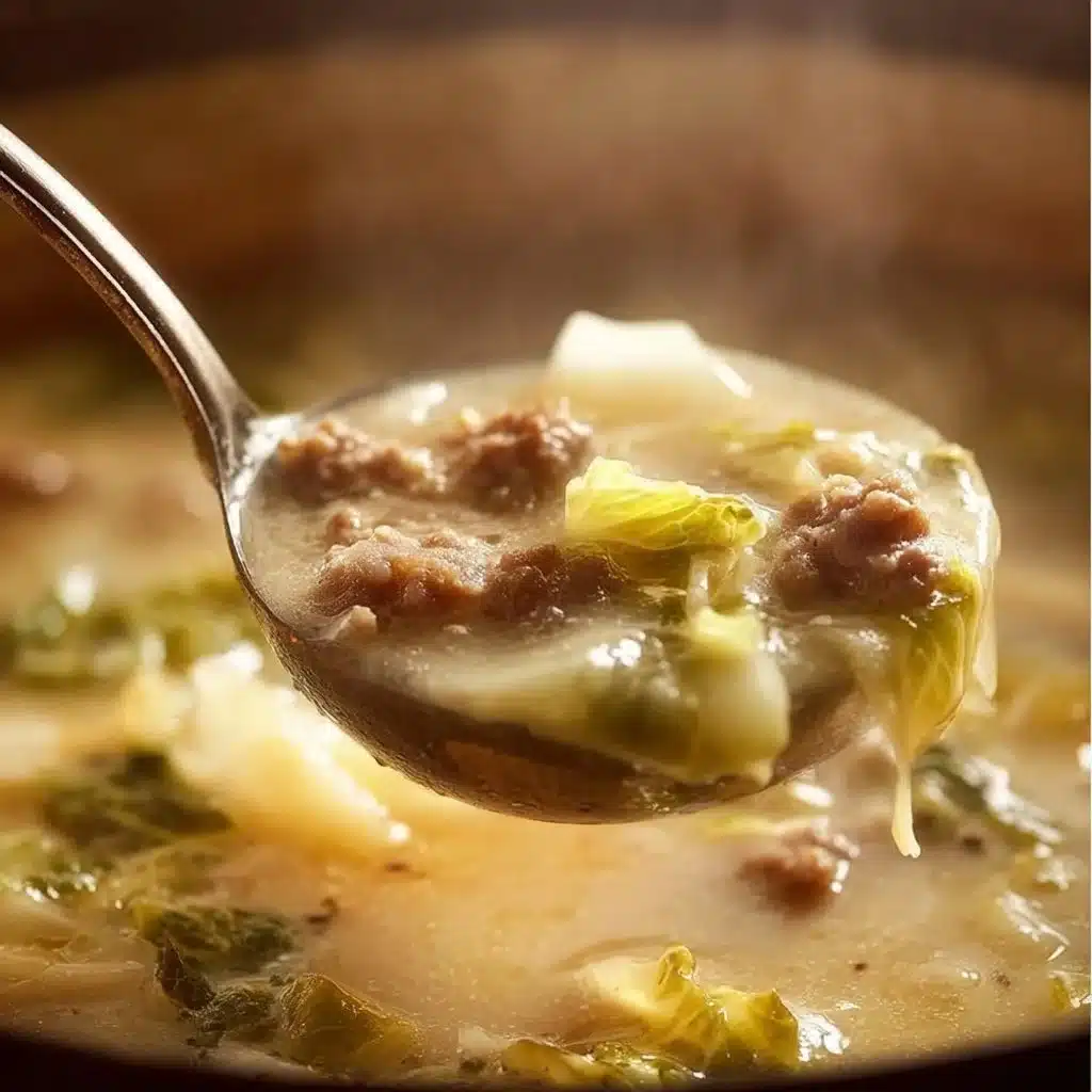 Bowl of creamy sausage cabbage soup, dairy-free and anti-inflammatory