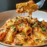 Creamy tomato garlic pasta dish garnished with fresh herbs