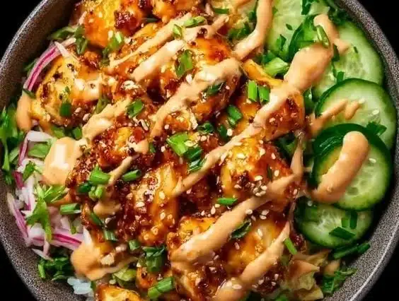 Crispy Chicken with Creamy Spicy Sauce over Jasmine Rice
