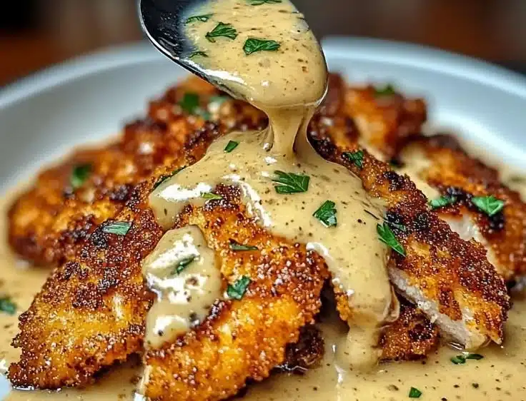 Crispy Parmesan Chicken with a Rich Garlic Sauce - Easy Dinner Idea
