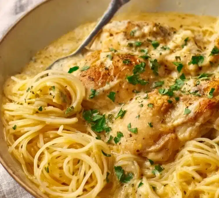 Crock Pot Angel Chicken dish served with sides, featuring tender chicken in a creamy sauce.