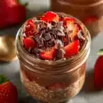 Delicious chocolate strawberry overnight oats in a bowl with fresh strawberries