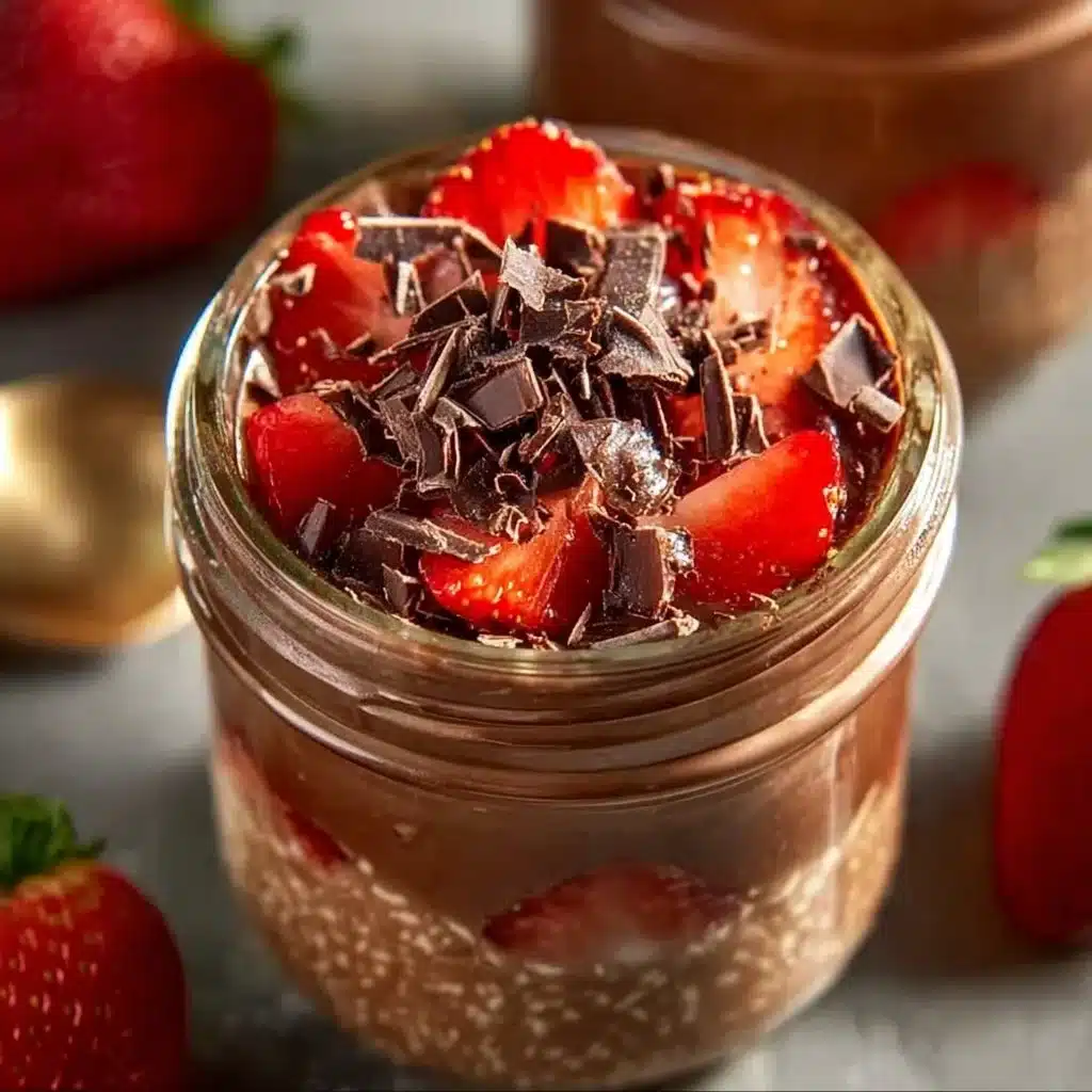 Delicious chocolate strawberry overnight oats in a bowl with fresh strawberries