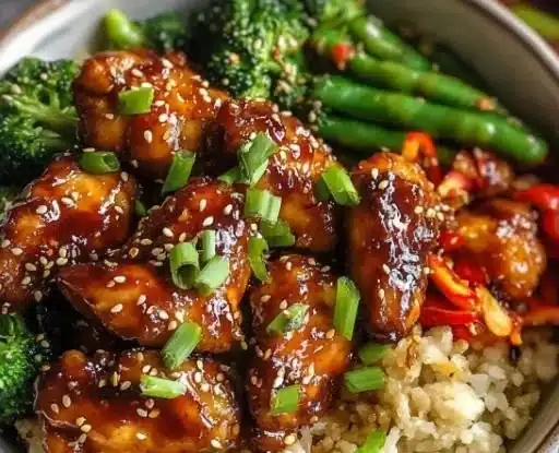 Healthy sticky chicken bowls topped with fresh vegetables and sauce