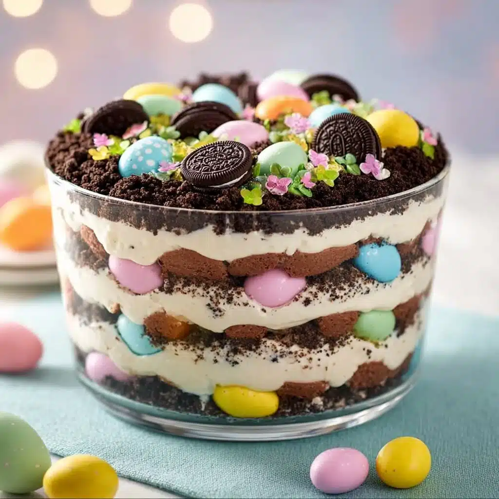 Easter Dirt Cake Casserole with chocolate crumbs and gummy worms