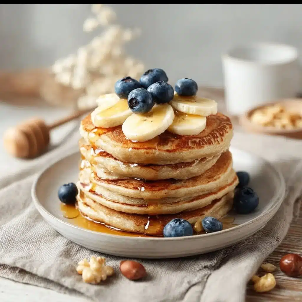 Plate of fluffy 3-ingredient banana oatmeal pancakes topped with syrup and fruit