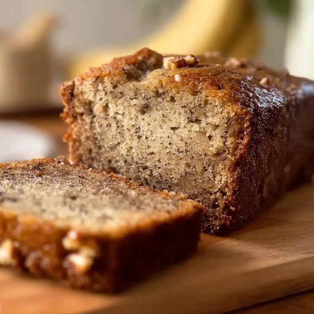 A slice of moist and soft banana bread on a wooden cutting board