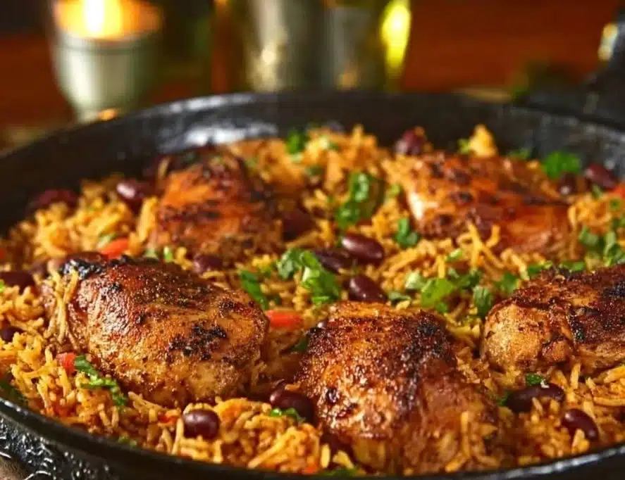 Delicious Easy Caribbean Chicken served with flavorful rice
