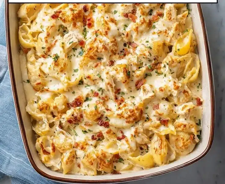 Easy Crack Chicken Casserole topped with cheese and herbs in a baking dish