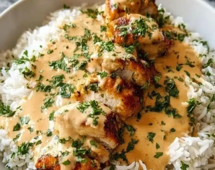 Delicious creamy smothered chicken served over rice for a comforting dinner