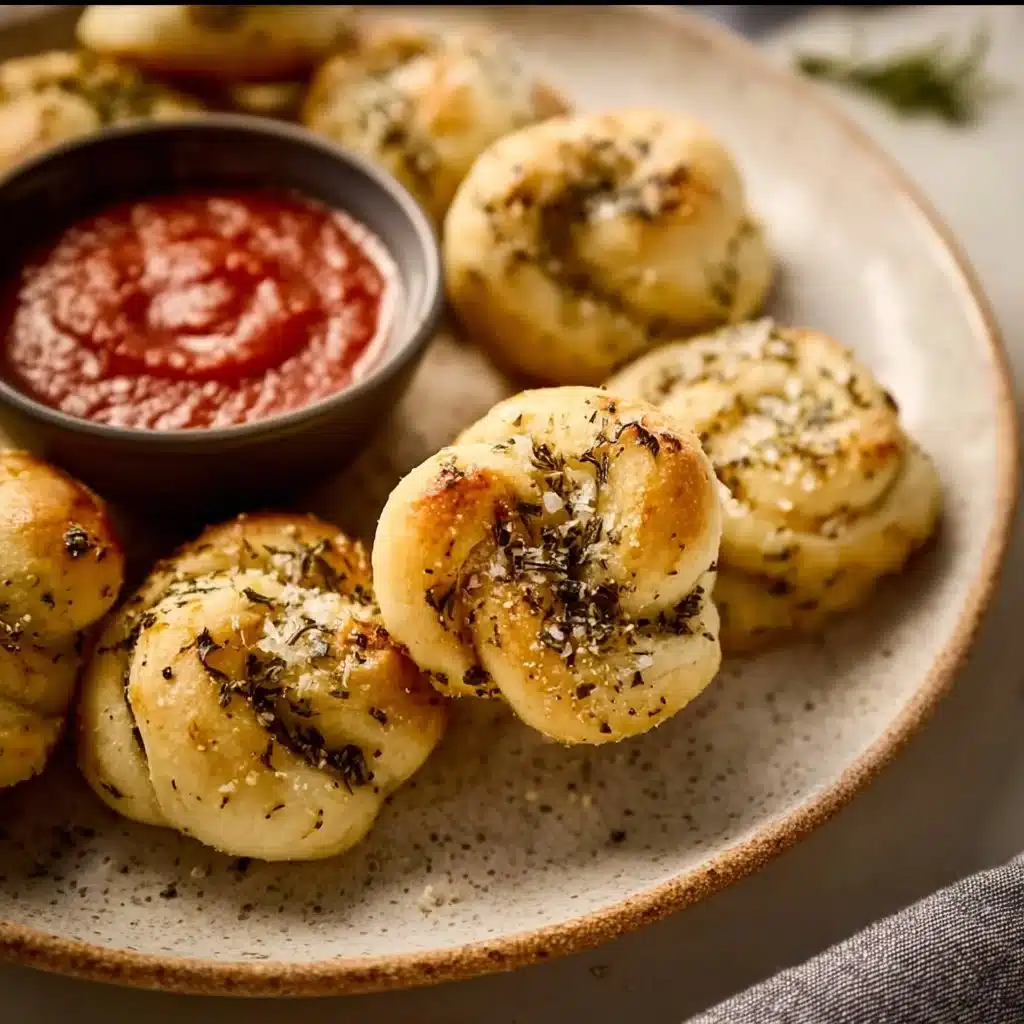 Plate of golden brown easy garlic knots topped with parsley and garlic butter