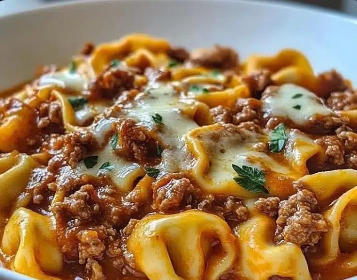 One pan beefy tortellini bake with cheese and ground beef in a casserole dish