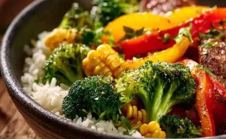 Easy smoky steak bowl with veggies and rice served in a bowl