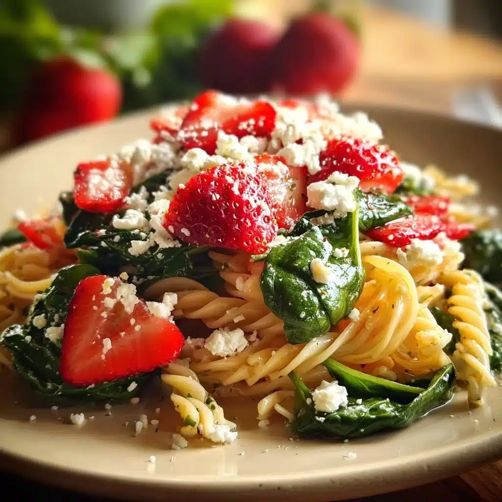 Bowl of easy strawberry spinach pasta salad with vibrant colors and fresh ingredients.