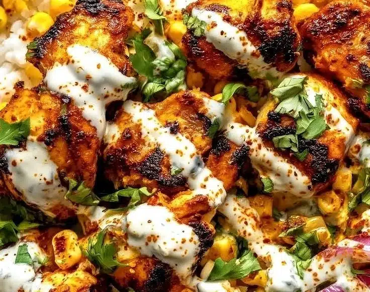 Delicious easy street corn chicken bowl ready to serve.