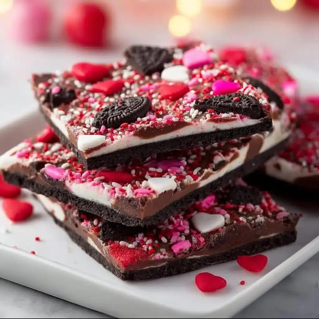 Homemade Valentine's Oreo bark decorated with festive sprinkles.