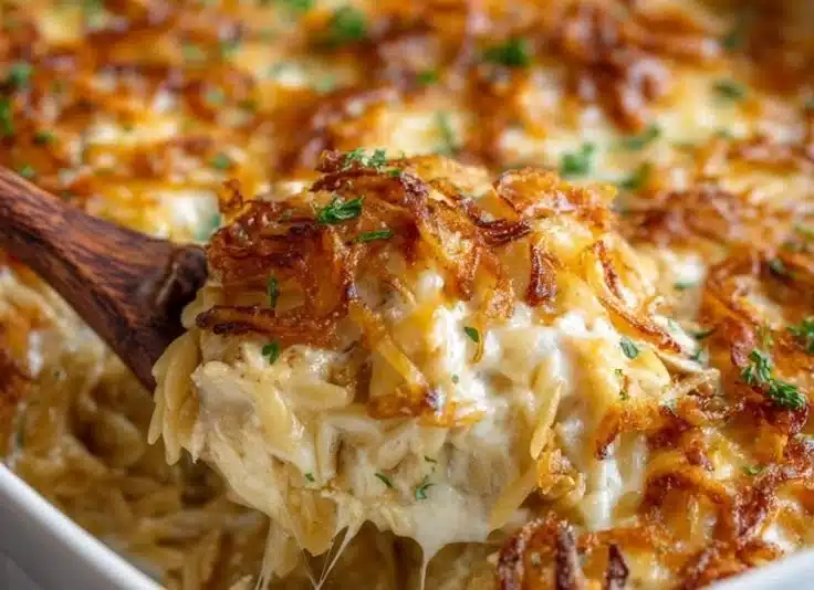Delicious French Onion Chicken Orzo Casserole topped with melted cheese