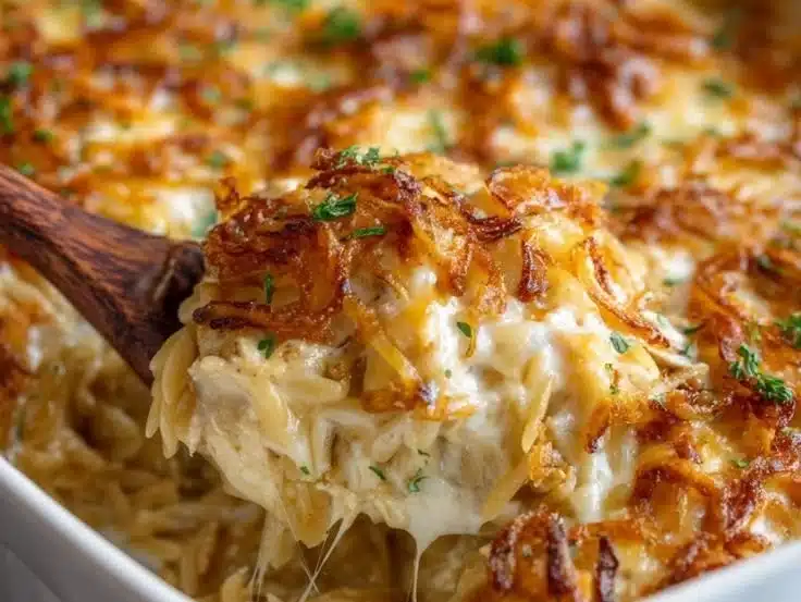French Onion Chicken Orzo Casserole