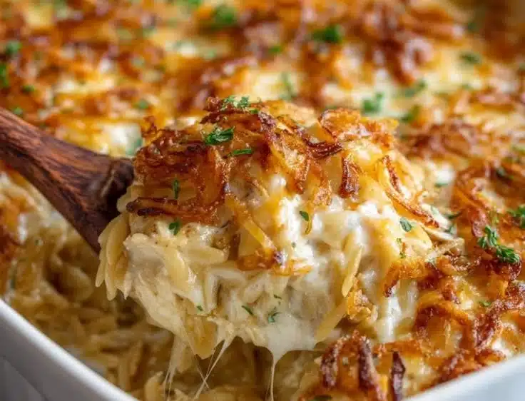 Delicious French onion chicken orzo casserole baked with cheese and onions