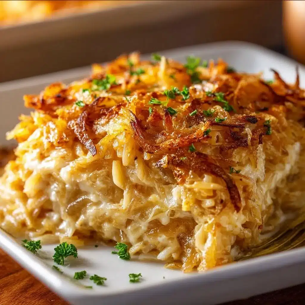 Delicious French Onion Chicken Orzo Casserole topped with melted cheese